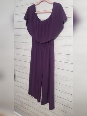 Everly Plum Off-Shoulder Flutter Wide-Leg Midi Jumpsuit Medium Made In USA